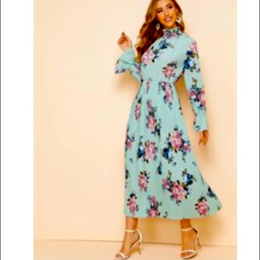 Flounce sleeve pleated hem floral print dress